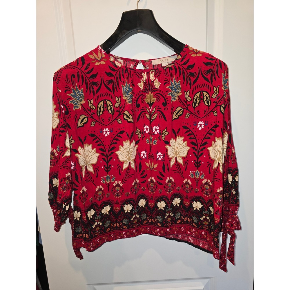 LOFT Petites Red Floral Botanical Print Tie Cuff Blouse SP Rayon Boho Top